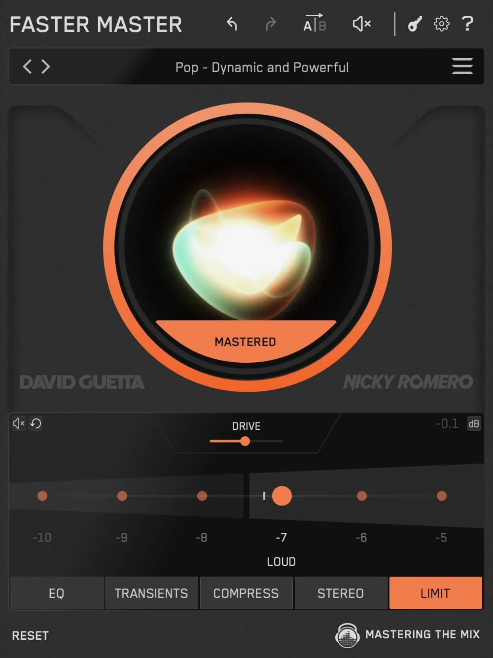 FASTER MASTER plugin interface with the Limit stage active, showing the loudness slider and mastering visualiser