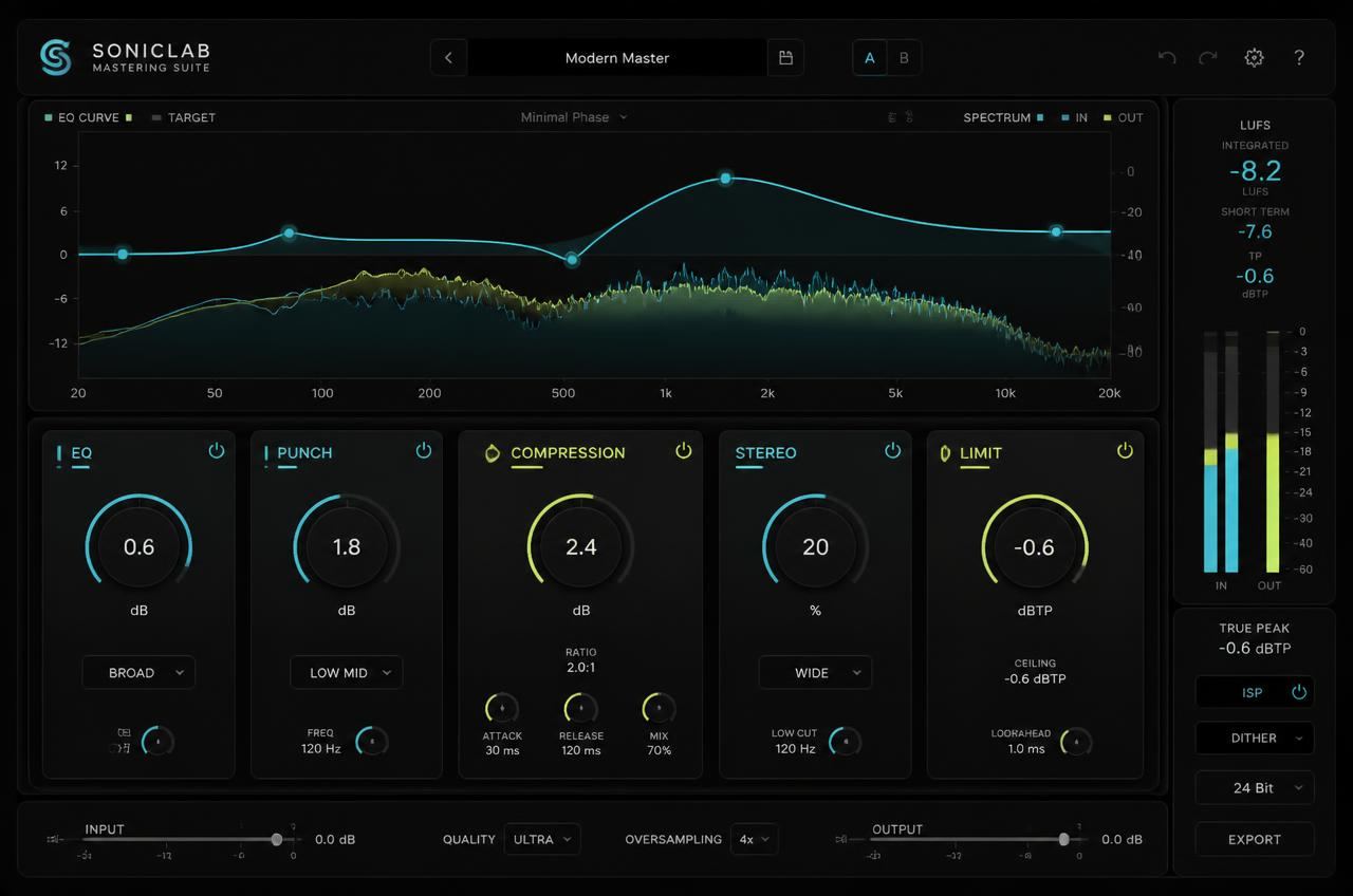 Mastering plugin interface showing an EQ curve, spectrum analyser and mastering controls
